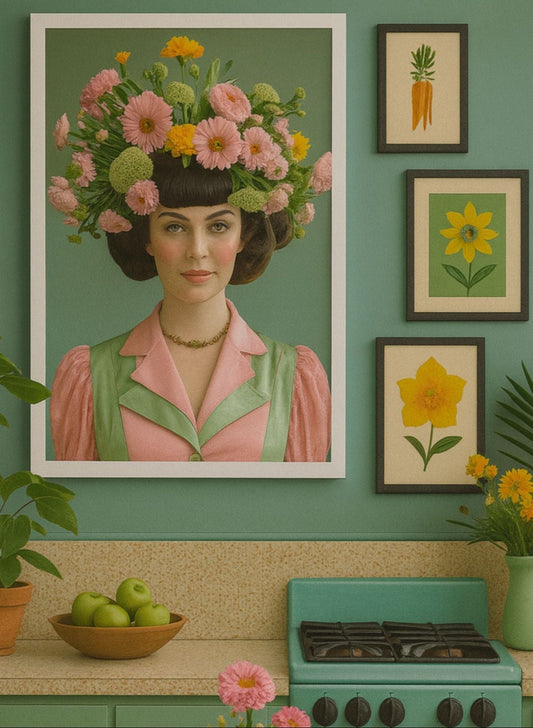 16 x 20 inch art poster titled "Billie is a Domestic Goddess" featuring a vintage-styled woman with a floral crown, displayed above a retro green kitchen setting with mid-century details.