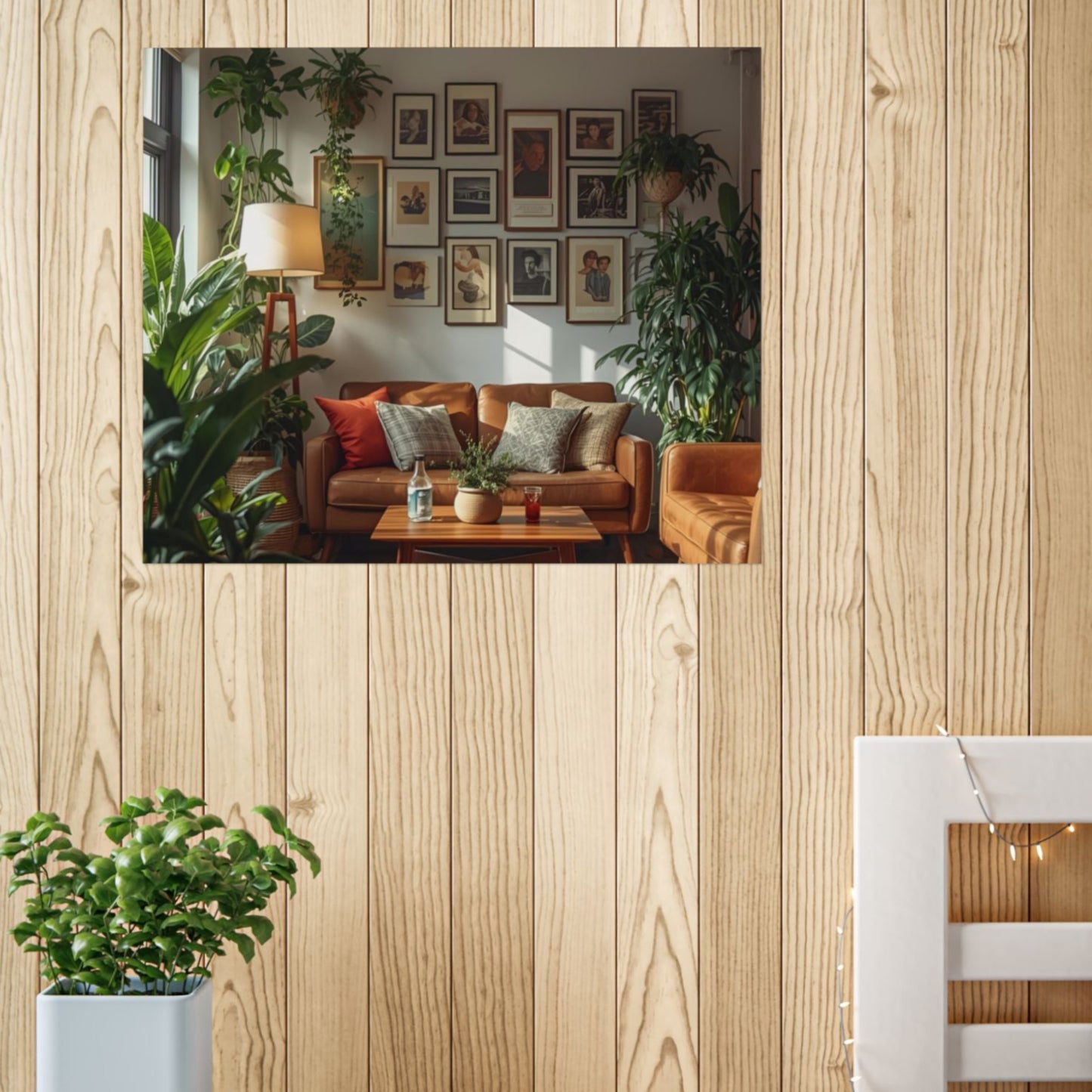 Art poster mounted on a wooden wall with a living room scene, next to a bed and plant.