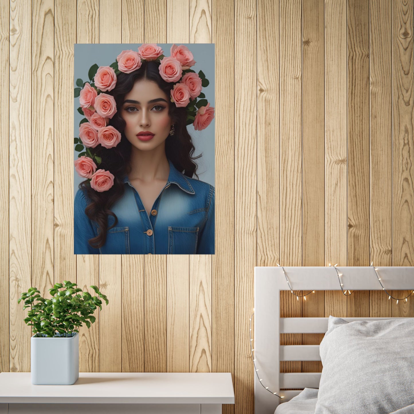Portrait art print of Carmen – a woman with long dark waves and a crown of pink roses, wearing a vintage denim shirt. Inspired by 1960s–70s fashion. Part of the Lily and Friends collection.