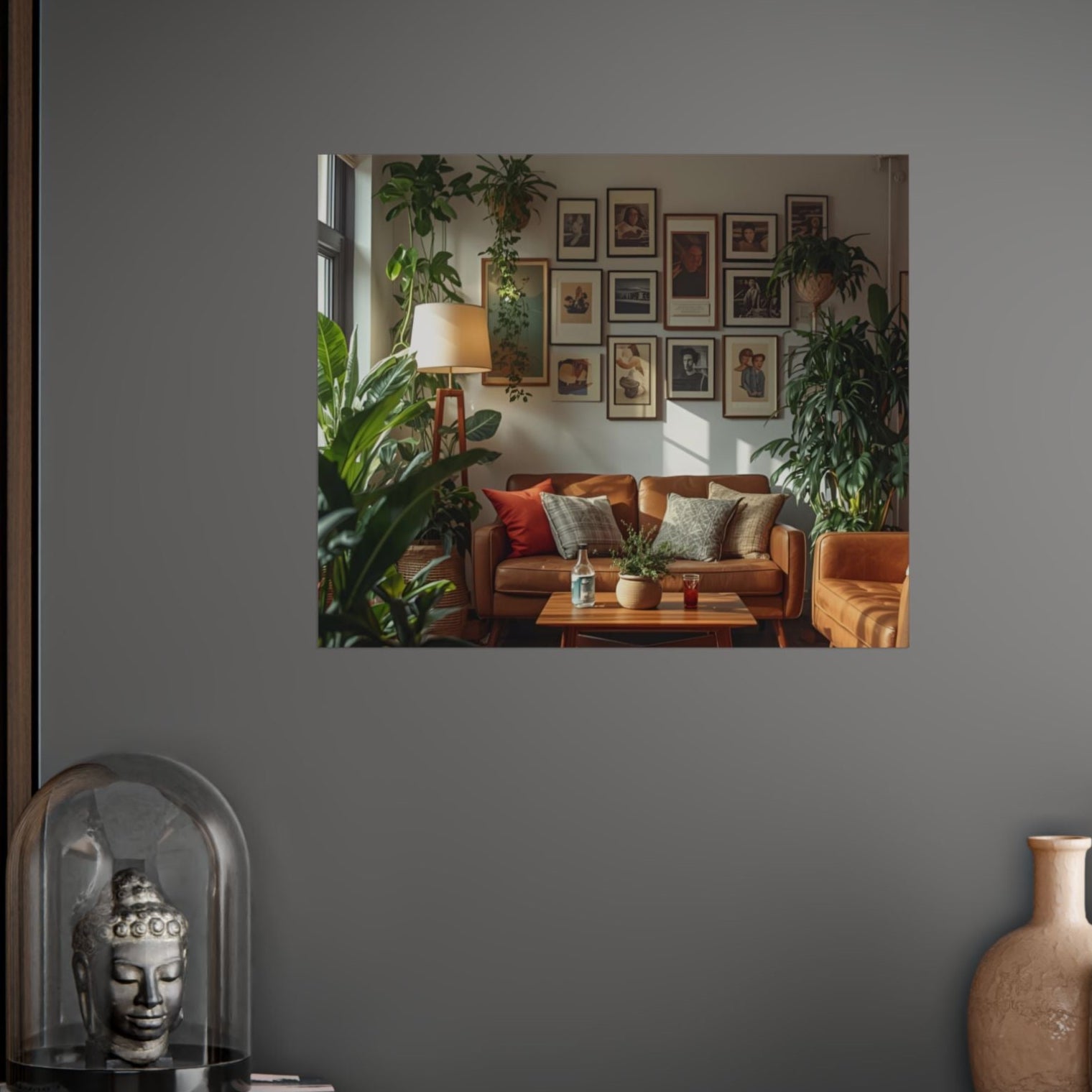 Decorative wall art of a living room with a brown sofa and framed pictures on a gray wall.
