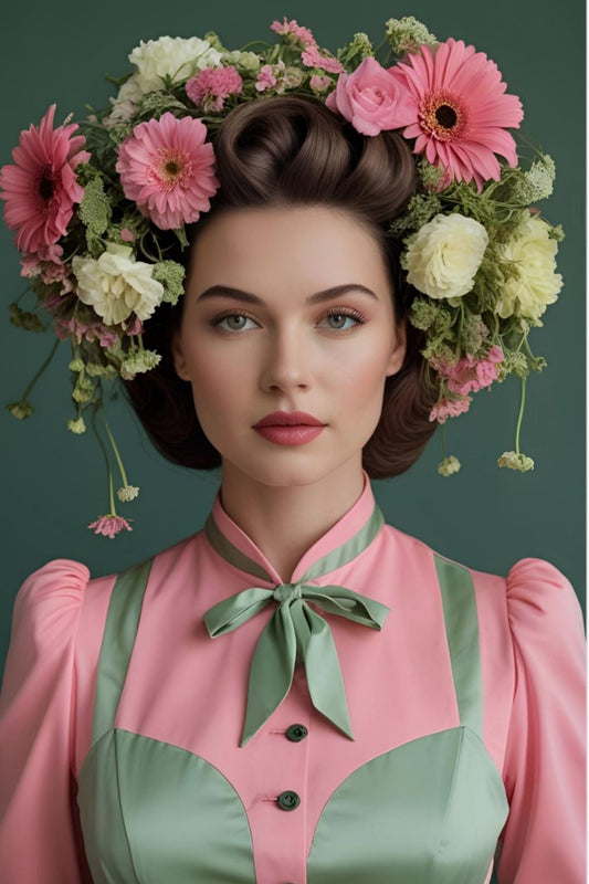 Framed portrait of Belle, a young woman in a soft pink and sage blouse with a green ribbon tie, wearing a lush floral crown of pink gerberas, roses, and cream ranunculus. A serene and elegant piece from the Lily and Friends art print series.