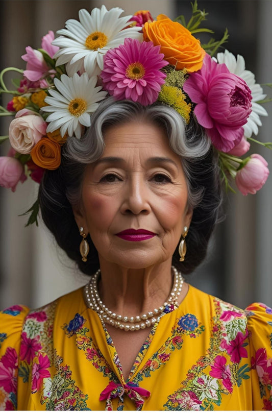 Woman with colorful flowers in her hair wearing a floral dress.