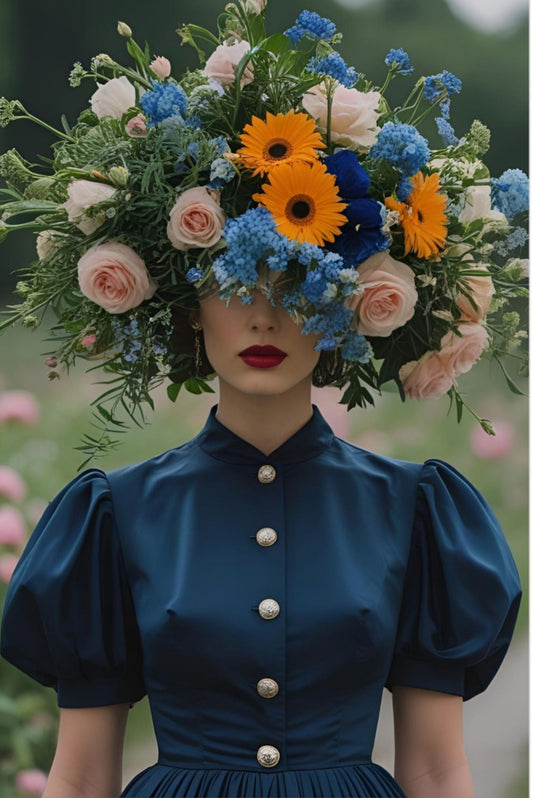 Woman with a vibrant floral arrangement on a blurred background retro dress