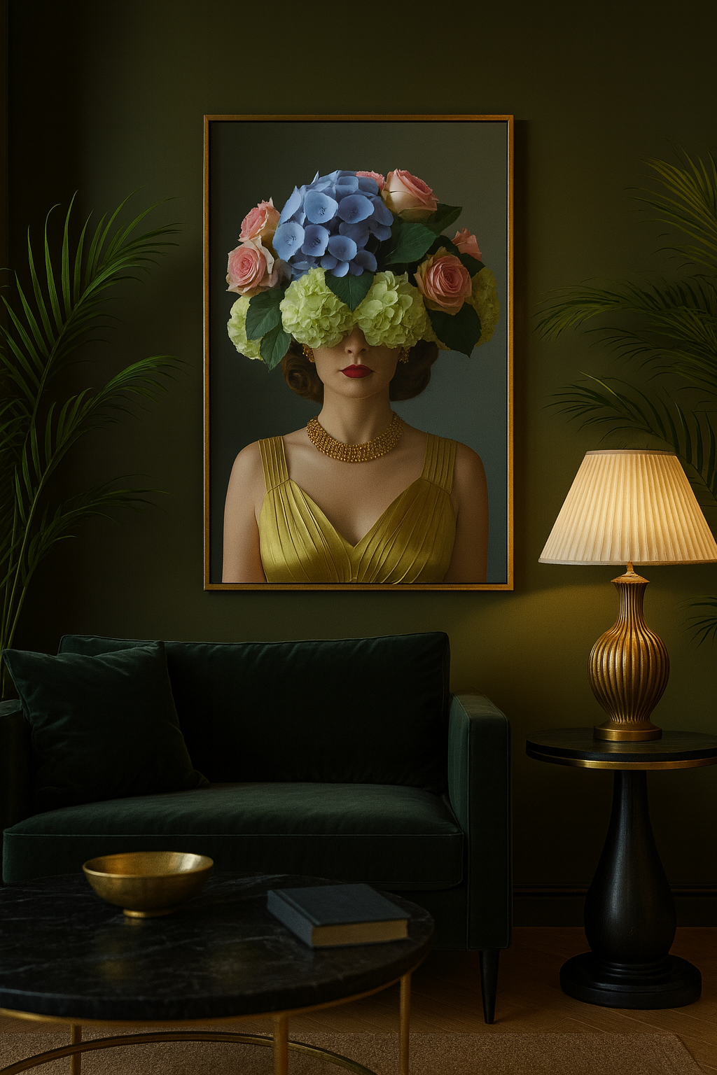 Framed artwork of a woman with floral headpiece in a dark room with a lamp and couch.