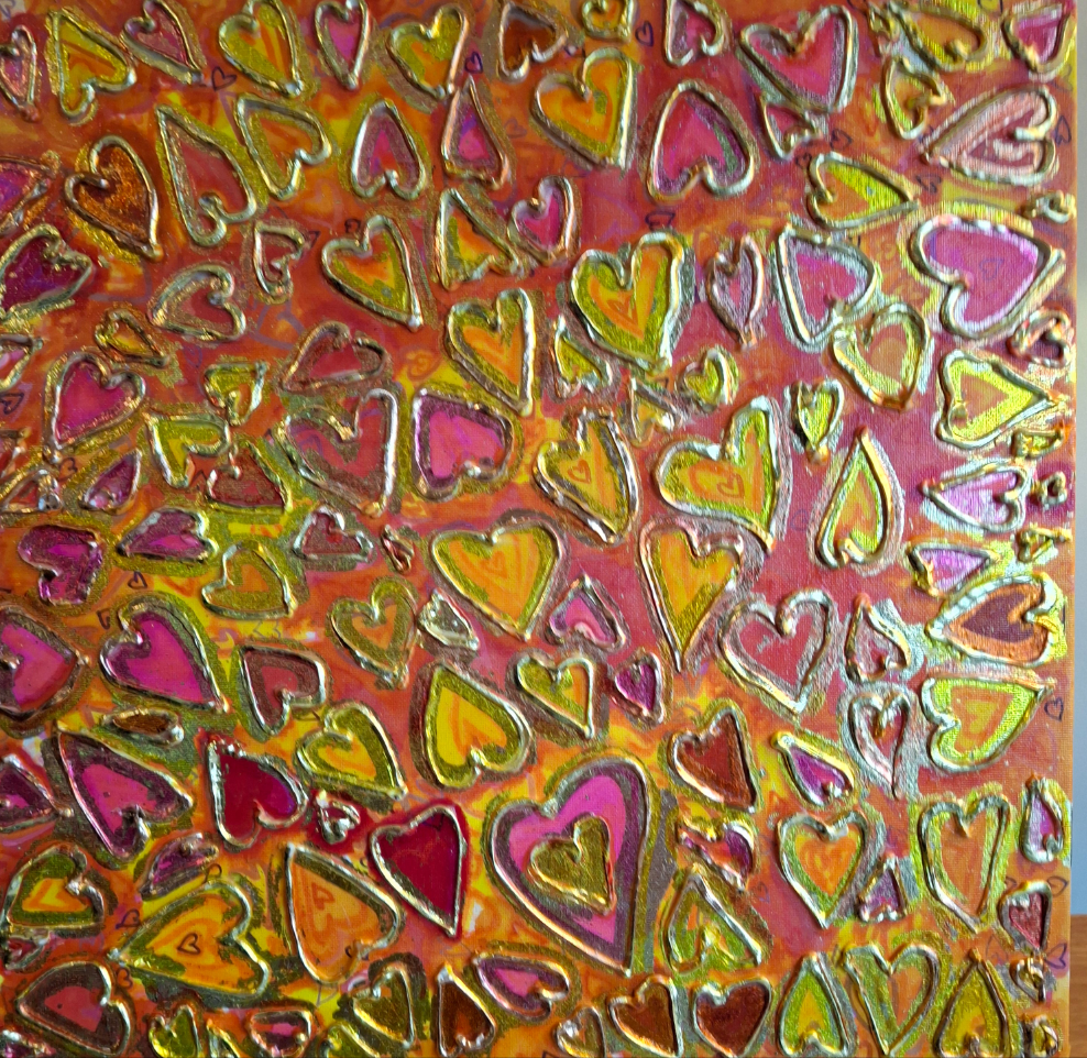Love in Full Bloom Original Textured Art Graffiti Style Hearts Pink Red Yellow Gold Accents