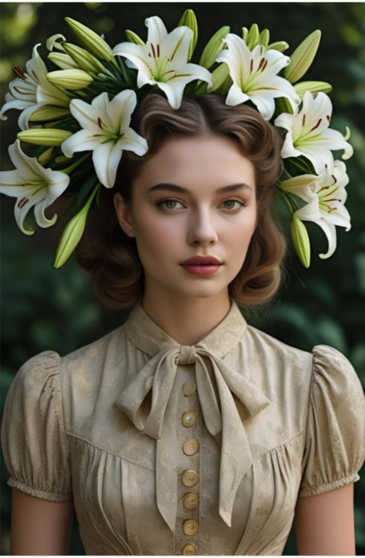 Woman wearing a beige blouse with a floral headpiece against a green background