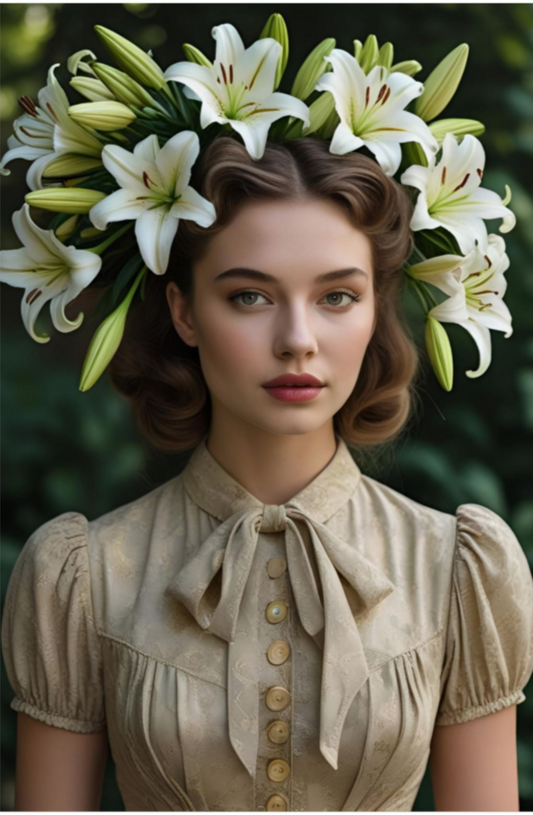 Woman wearing a beige blouse with a floral headpiece against a green background