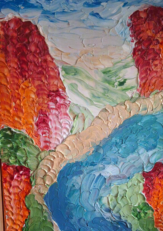 Clutha Gold Original Artwork Textured Landscape Green Blue Red New Zealand