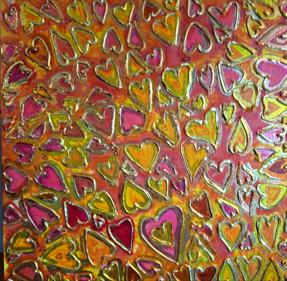 Love in Full Bloom Original Textured Art Graffiti Style Hearts Pink Red Yellow Gold Accents