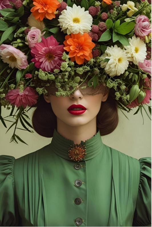 Person wearing a headpiece made of flowers and a green dress with a brooch.
