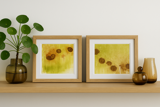Two small framed artworks in yellow and brown tones, displayed side by side on a white shelf.  Fauxl timber frames and white mats create a minimalist presentation.
