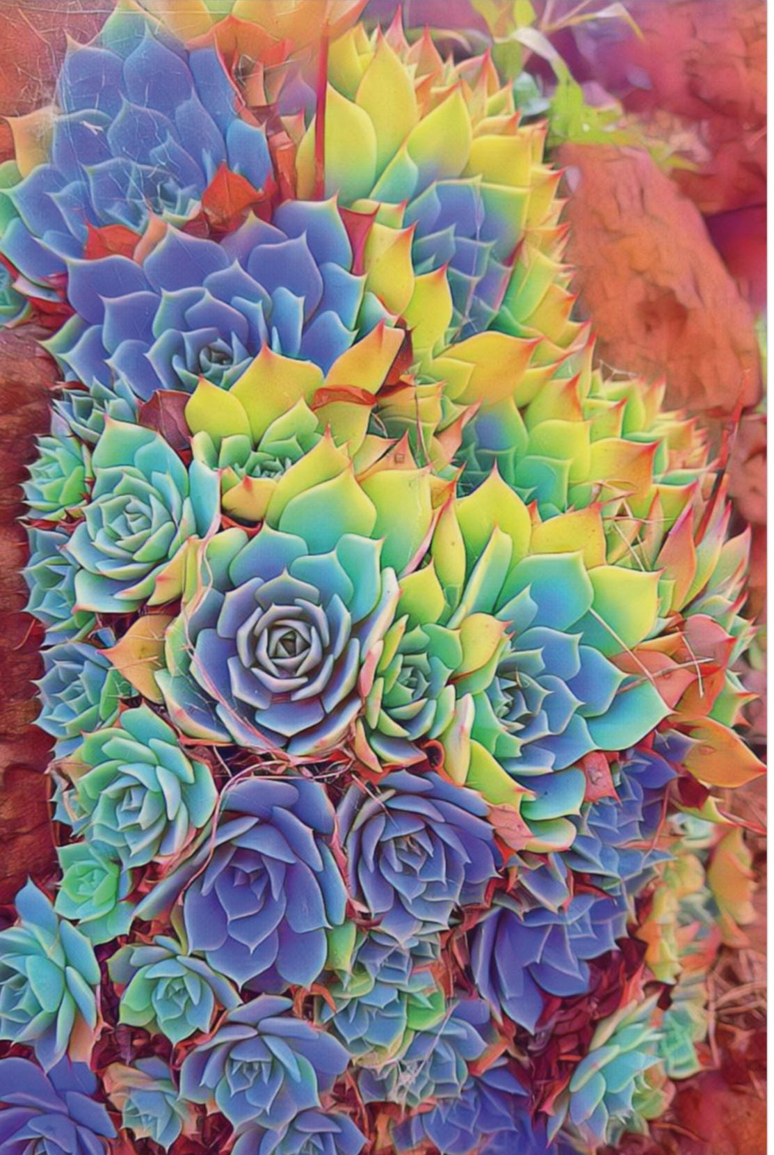 A colorful art poster print featuring a cluster of succulent plants on a rock wall, with predominantly blue and green tones.