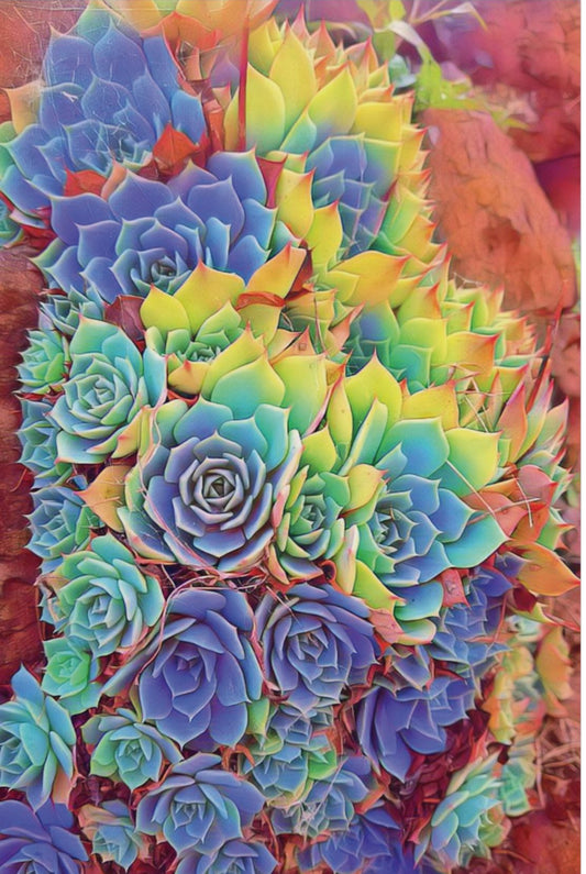 A colorful art poster print featuring a cluster of succulent plants on a rock wall, with predominantly blue and green tones.