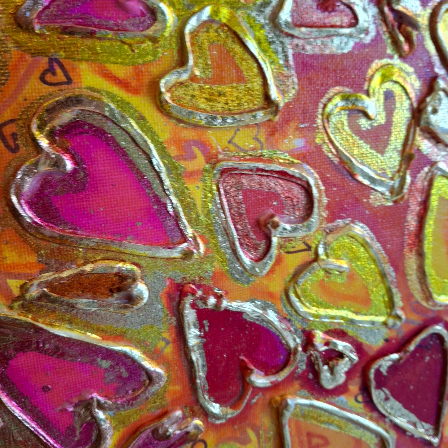 Love in Full Bloom Original Textured Art Graffiti Style Hearts Pink Red Yellow Gold Accents