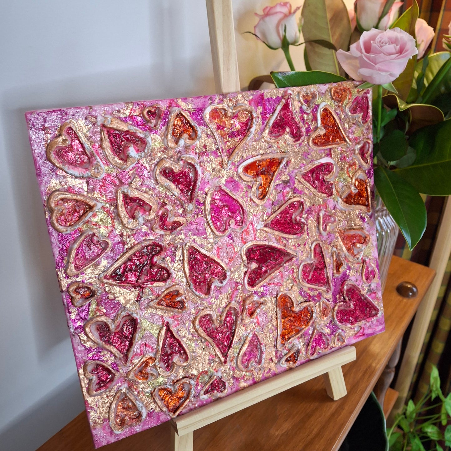 Passion Erupts Original Art Bronze Red Pink Bronze Hearts