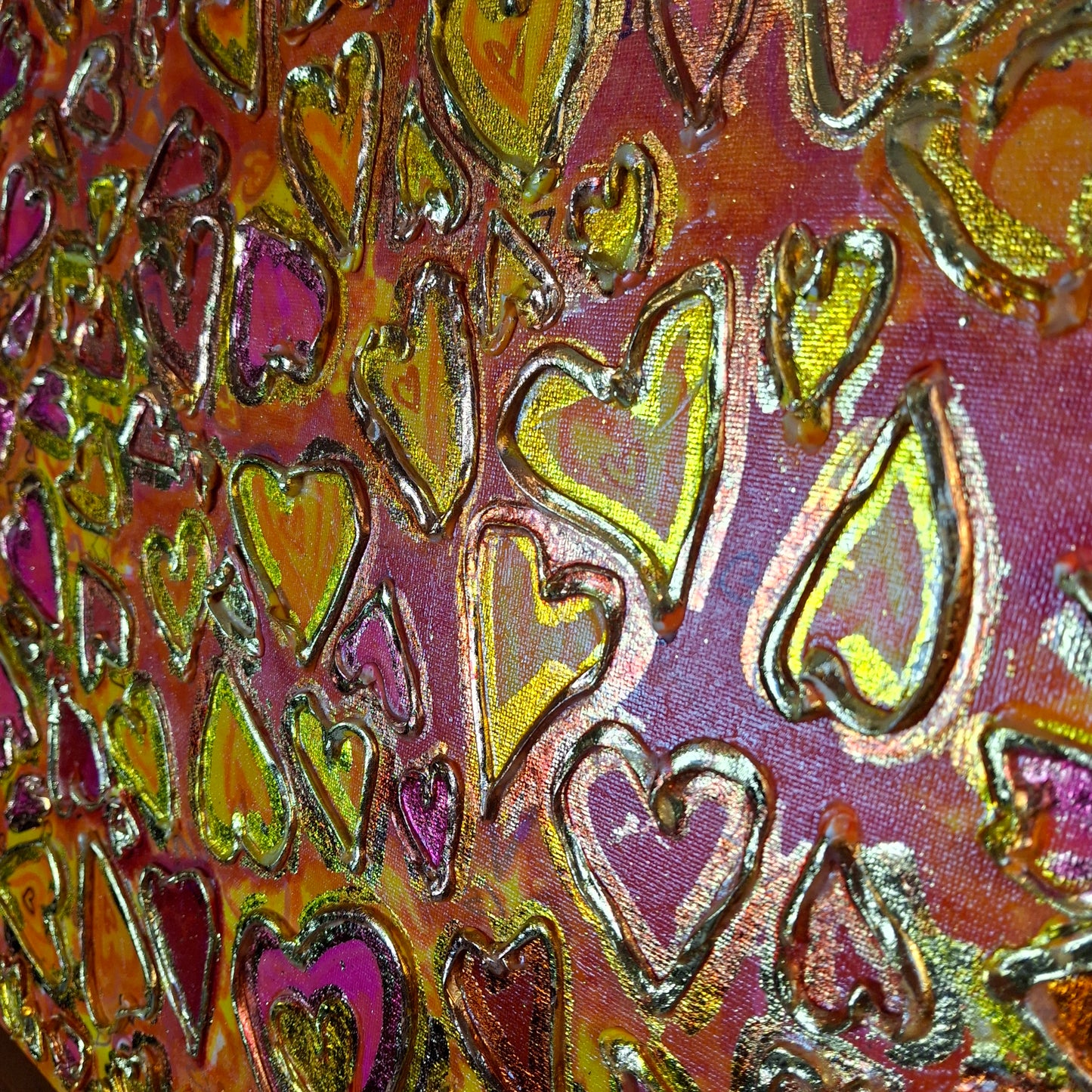 Love in Full Bloom Original Textured Art Graffiti Style Hearts Pink Red Yellow Gold Accents
