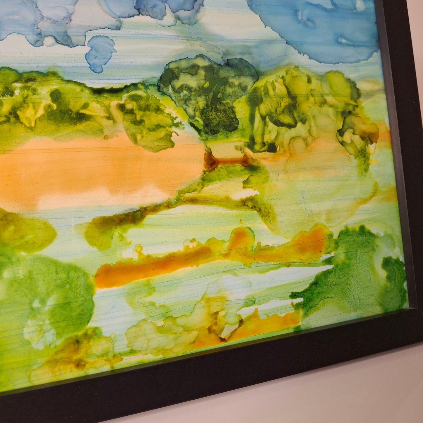Otago Gold Original Abstract Art Landscape New Zealand in Alcohol Ink Blue Green Yellow