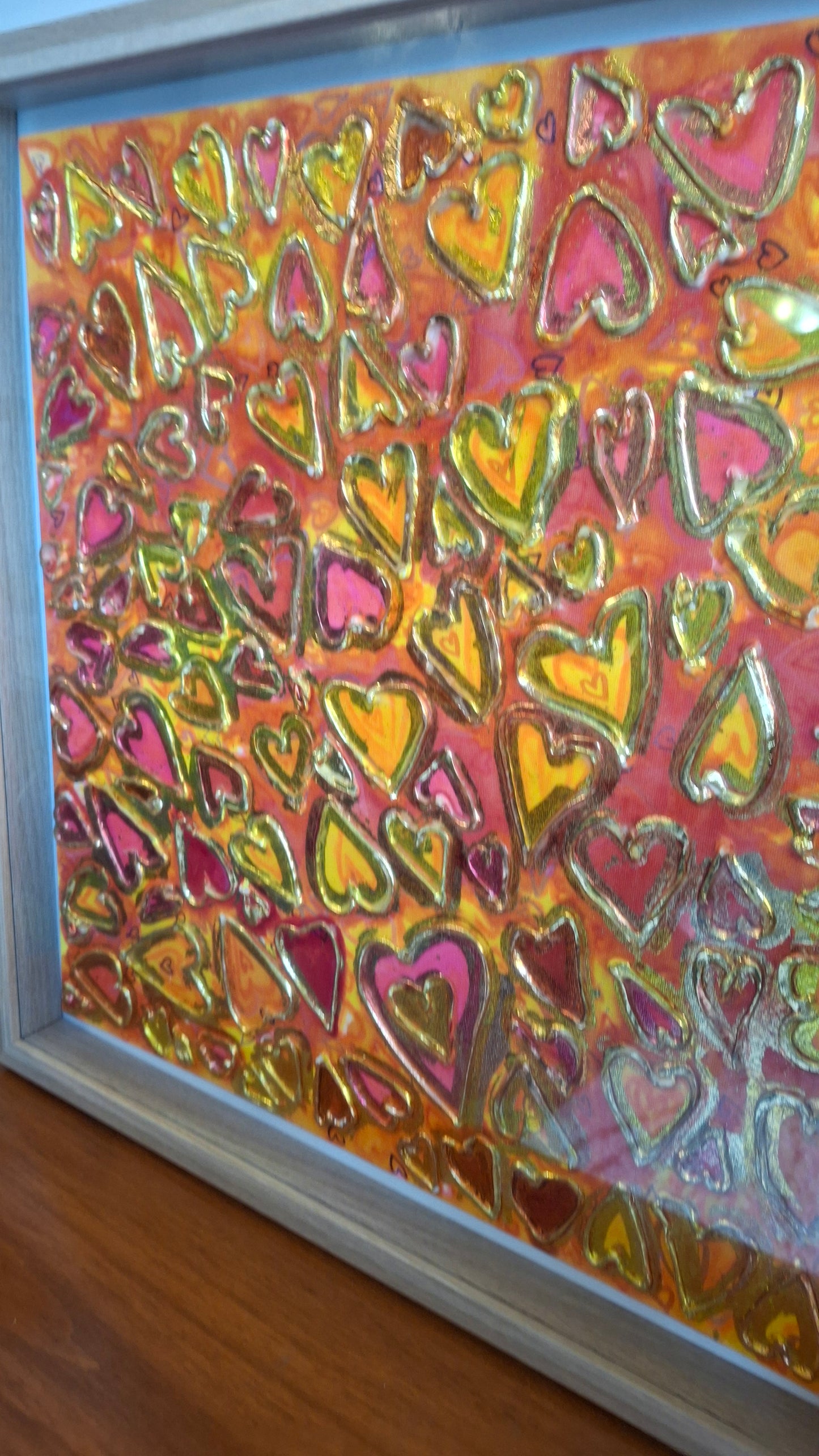 Love in Full Bloom Original Textured Art Graffiti Style Hearts Pink Red Yellow Gold Accents