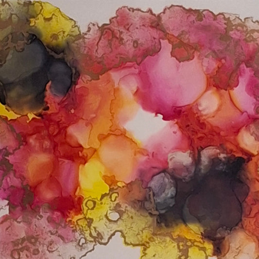 Abstract art with pink, yellow, and black colors on a white background