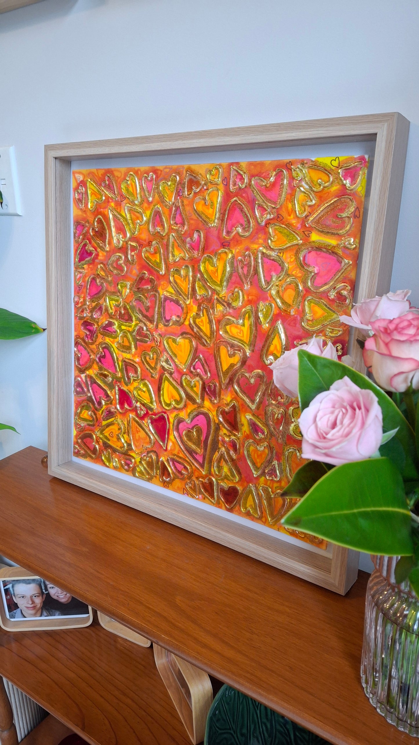 Love in Full Bloom Original Textured Art Graffiti Style Hearts Pink Red Yellow Gold Accents