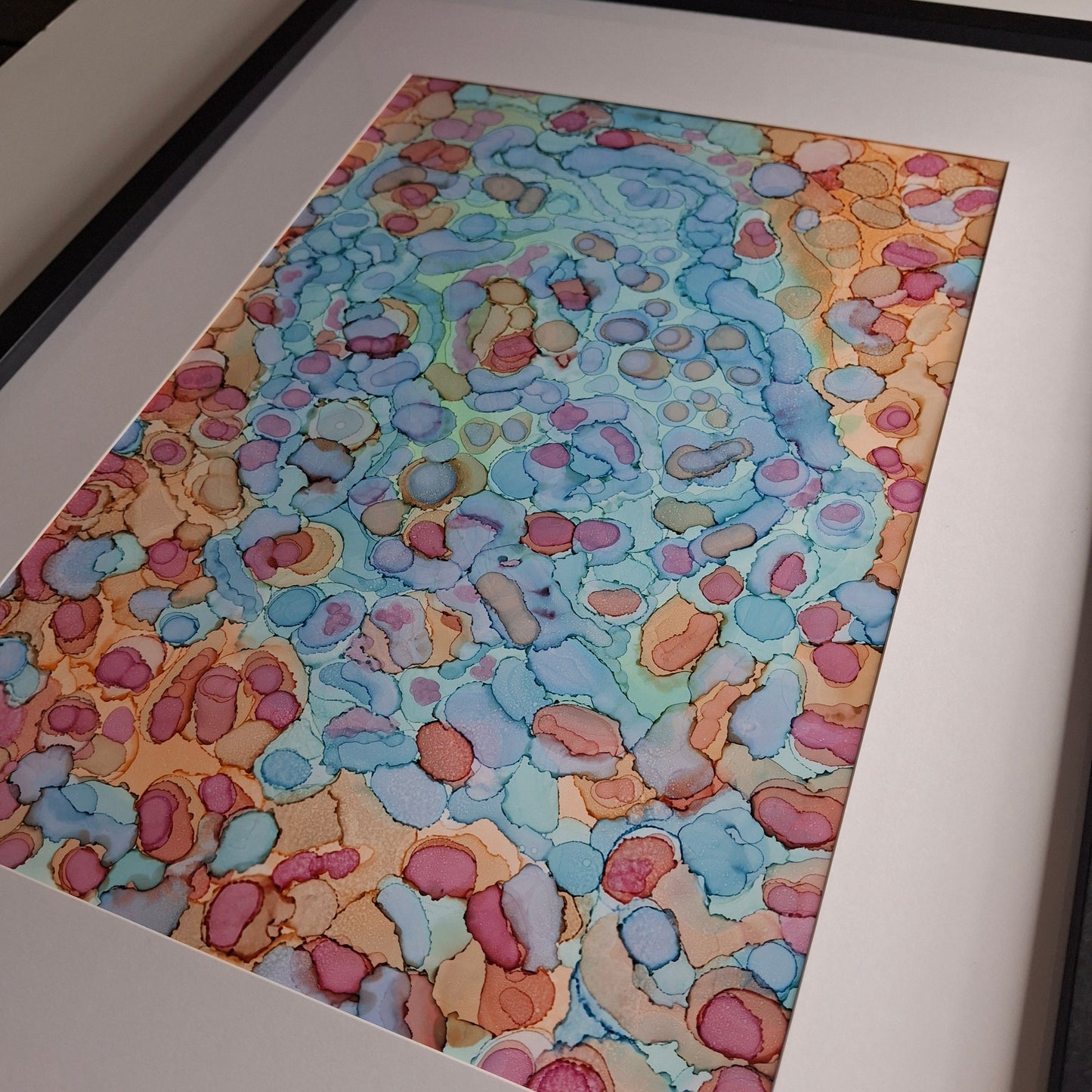 Coral Cay Original Artwork Mixed Blue Green Pink Beige Alcohol Ink A3