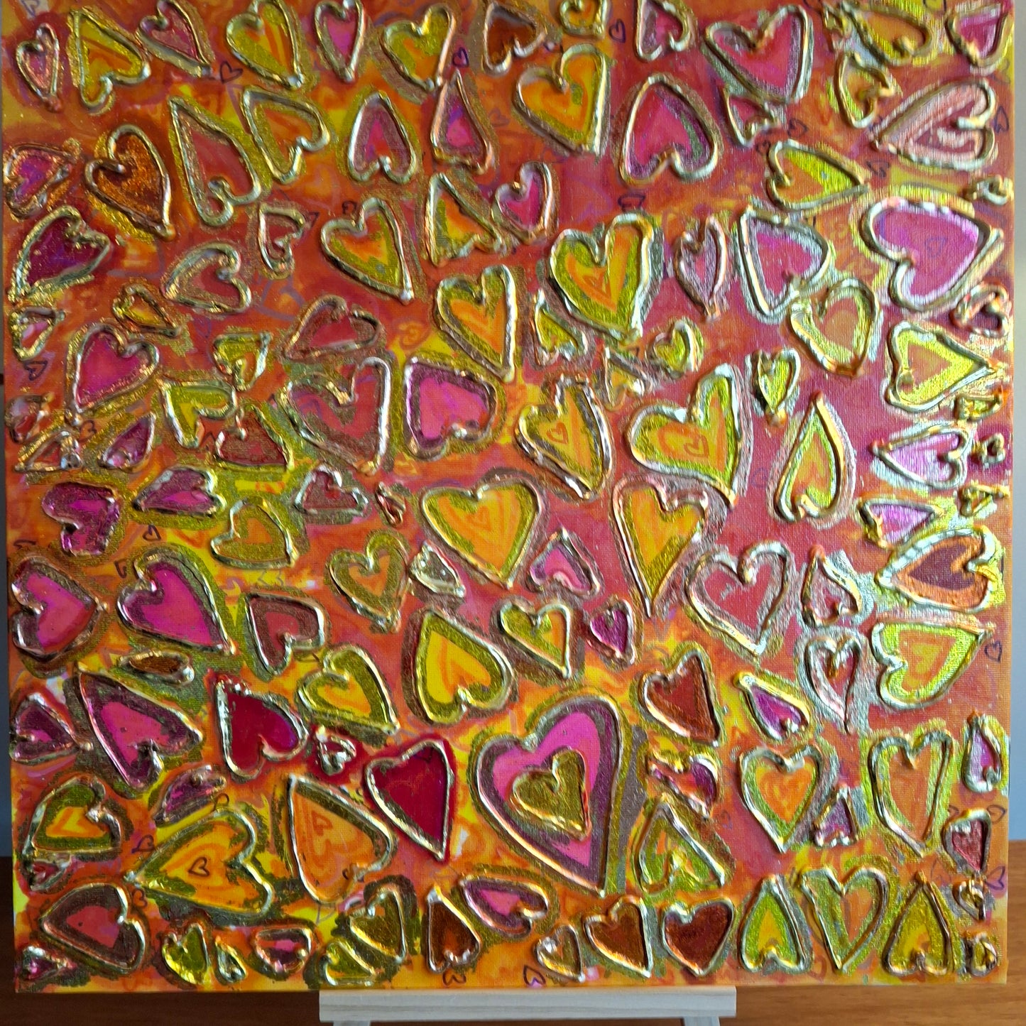 Love in Full Bloom Original Textured Art Graffiti Style Hearts Pink Red Yellow Gold Accents