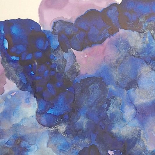 Framed abstract alcohol ink artwork in deep indigo, sapphire, and violet tones titled Inkheart by Elizabeth Marshall.