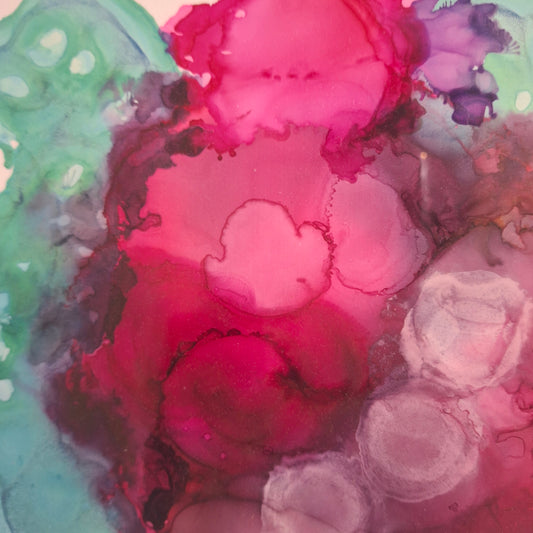 Framed abstract alcohol ink painting in rich crimson, plum, and teal titled Currents of the Heart by Elizabeth Marshall.