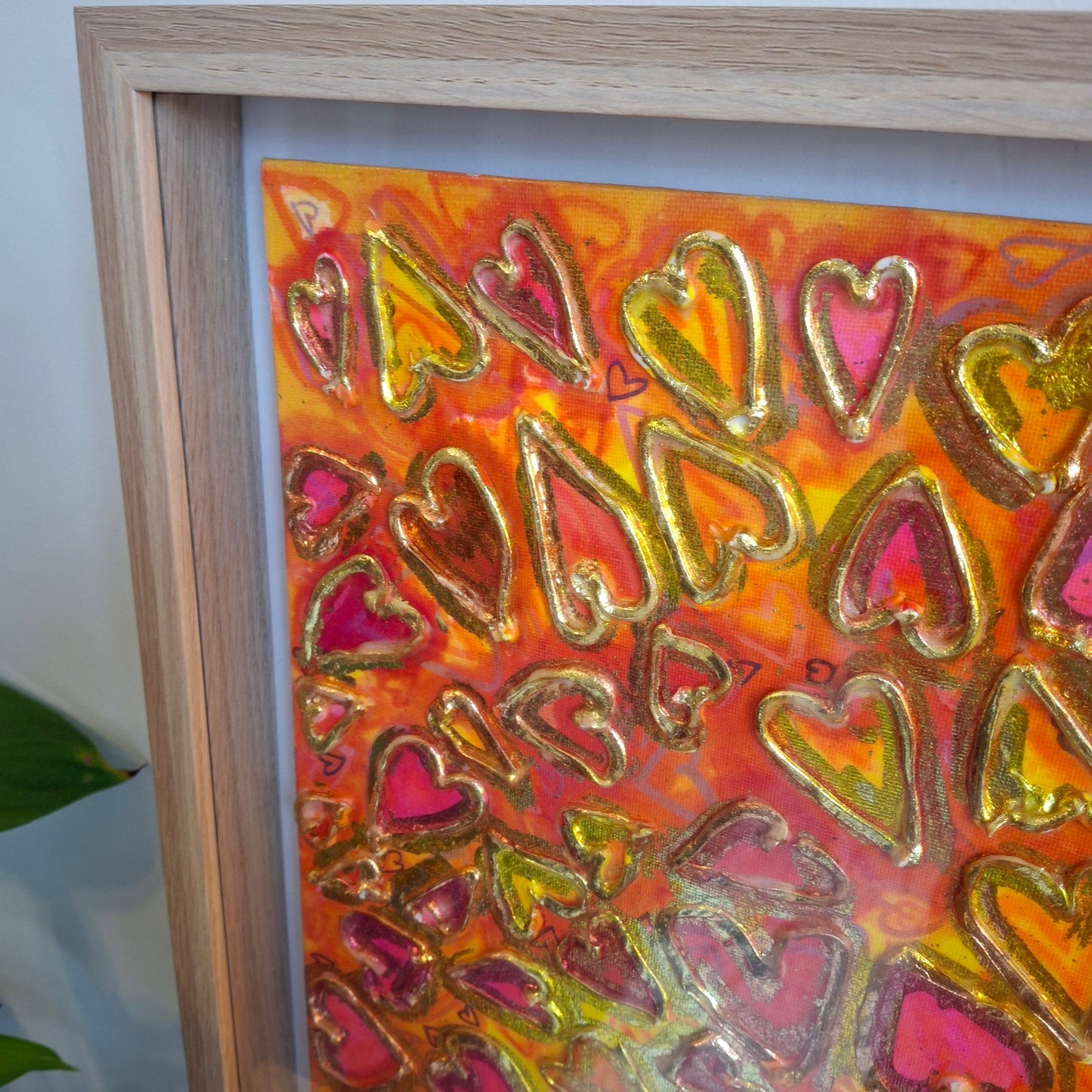 Love in Full Bloom Original Textured Art Graffiti Style Hearts Pink Red Yellow Gold Accents