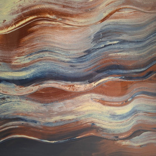 Framed abstract artwork titled Event Horizon by Elizabeth Marshall featuring flowing, wave-like strokes in ochre, rust, cream and indigo tones, suggesting cosmic motion and layered depth. Part of the Time and Space collection.