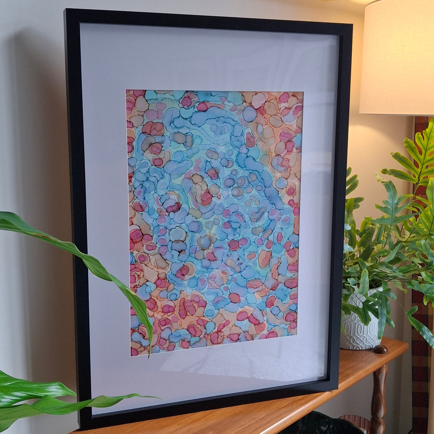 Coral Cay Original Artwork Mixed Blue Green Pink Beige Alcohol Ink A3