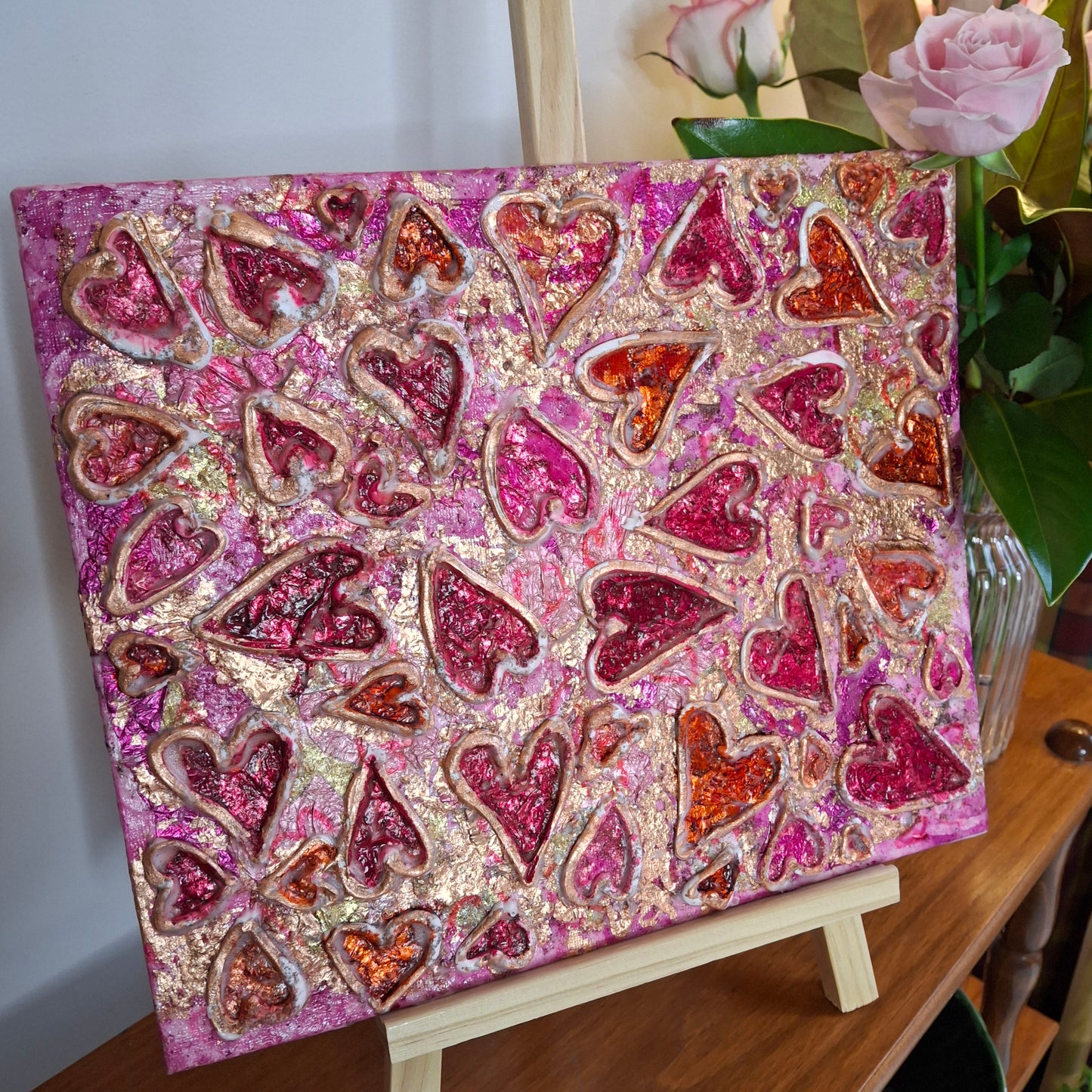 Passion Erupts Original Art Bronze Red Pink Bronze Hearts