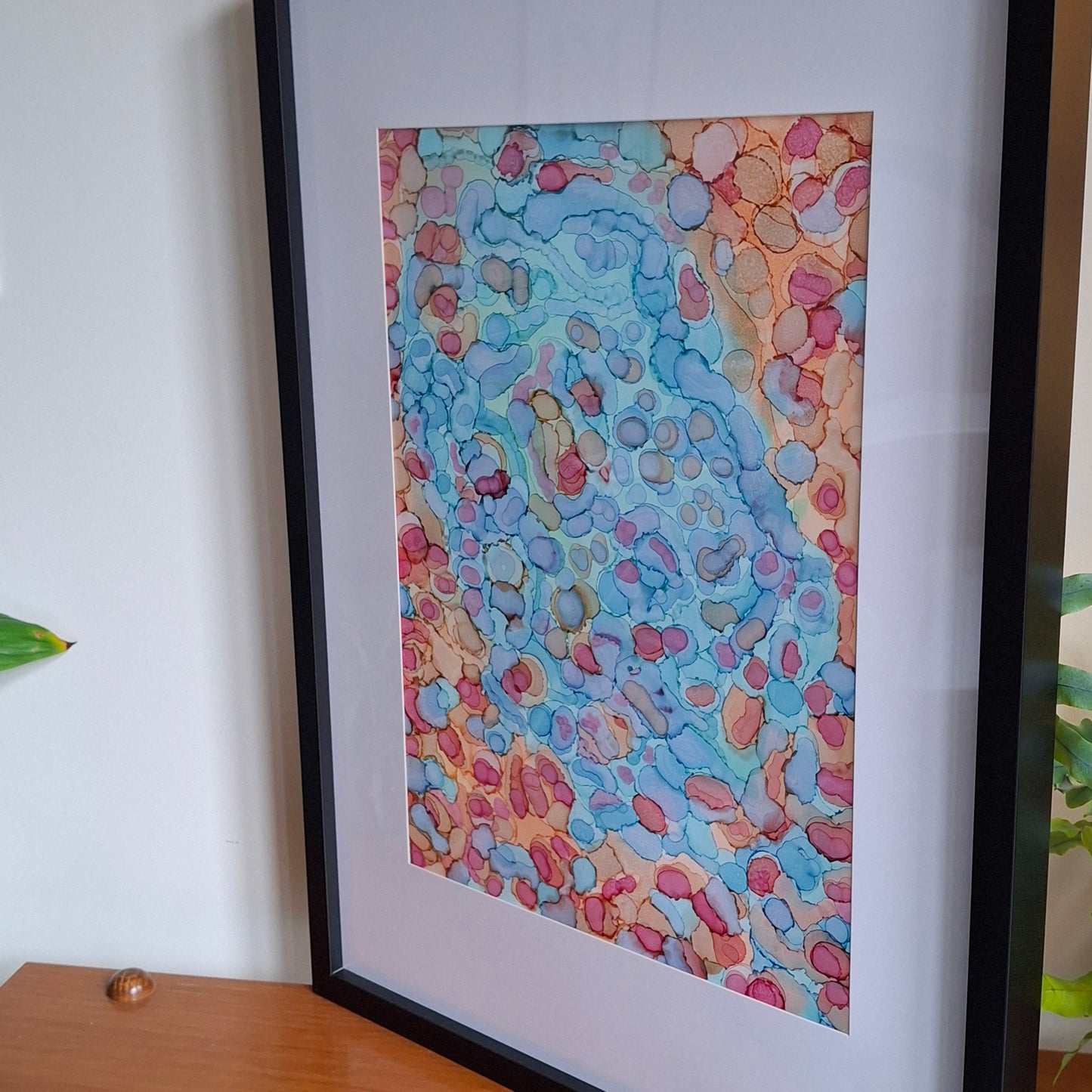 Coral Cay Original Artwork Mixed Blue Green Pink Beige Alcohol Ink A3