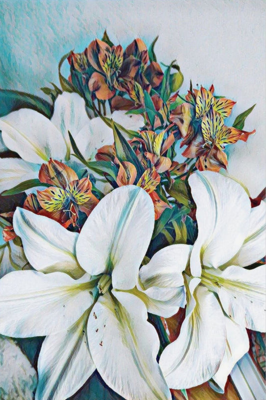 Art poster print featuring a close-up photograph of white lilies with a blurred background.