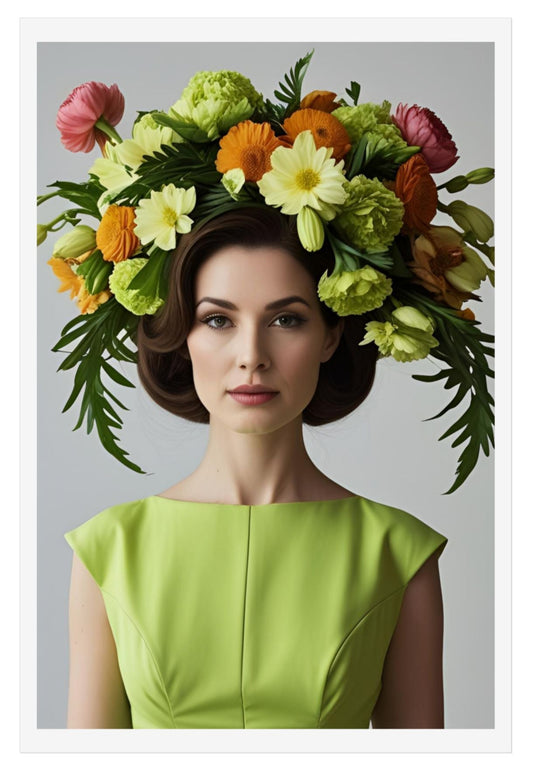 Woman wearing a floral headpiece with a plain background