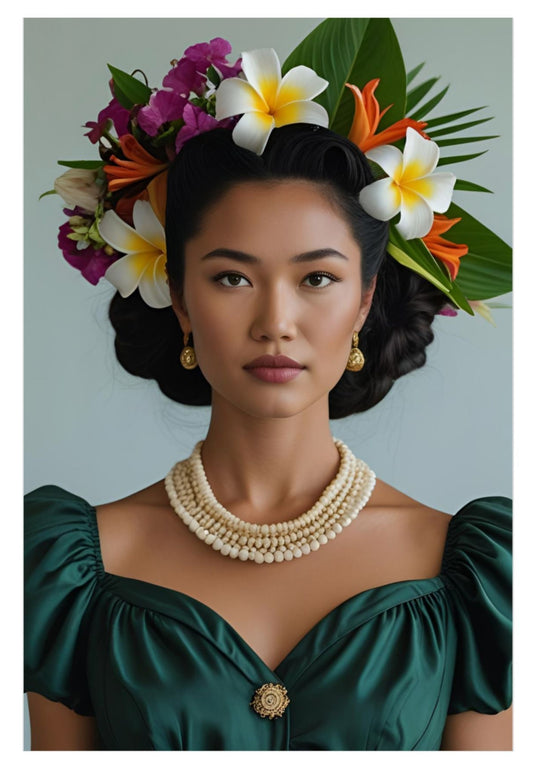 Woman with a floral headpiece and green dress against a light blue background