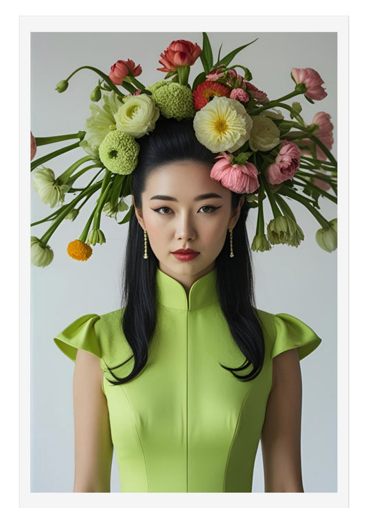 Woman wearing a vibrant green dress with a floral headpiece against a plain background