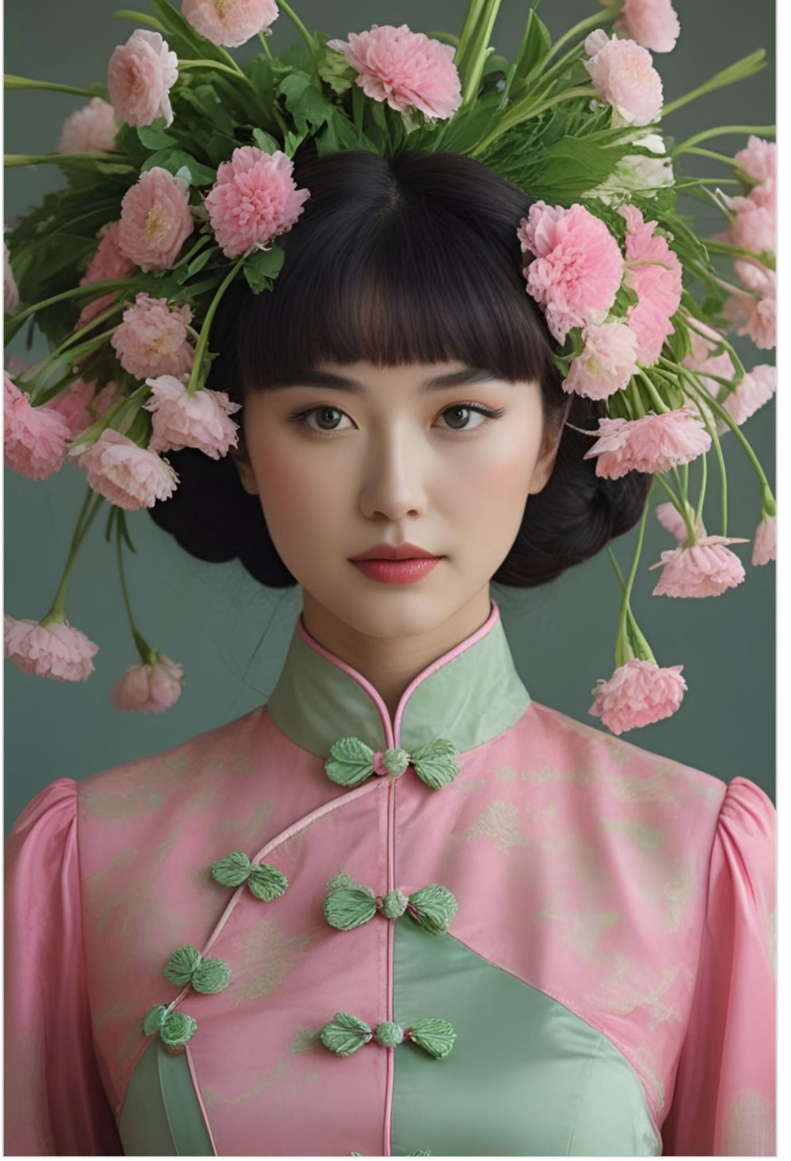 Woman in traditional attire with floral headpiece against a plain background