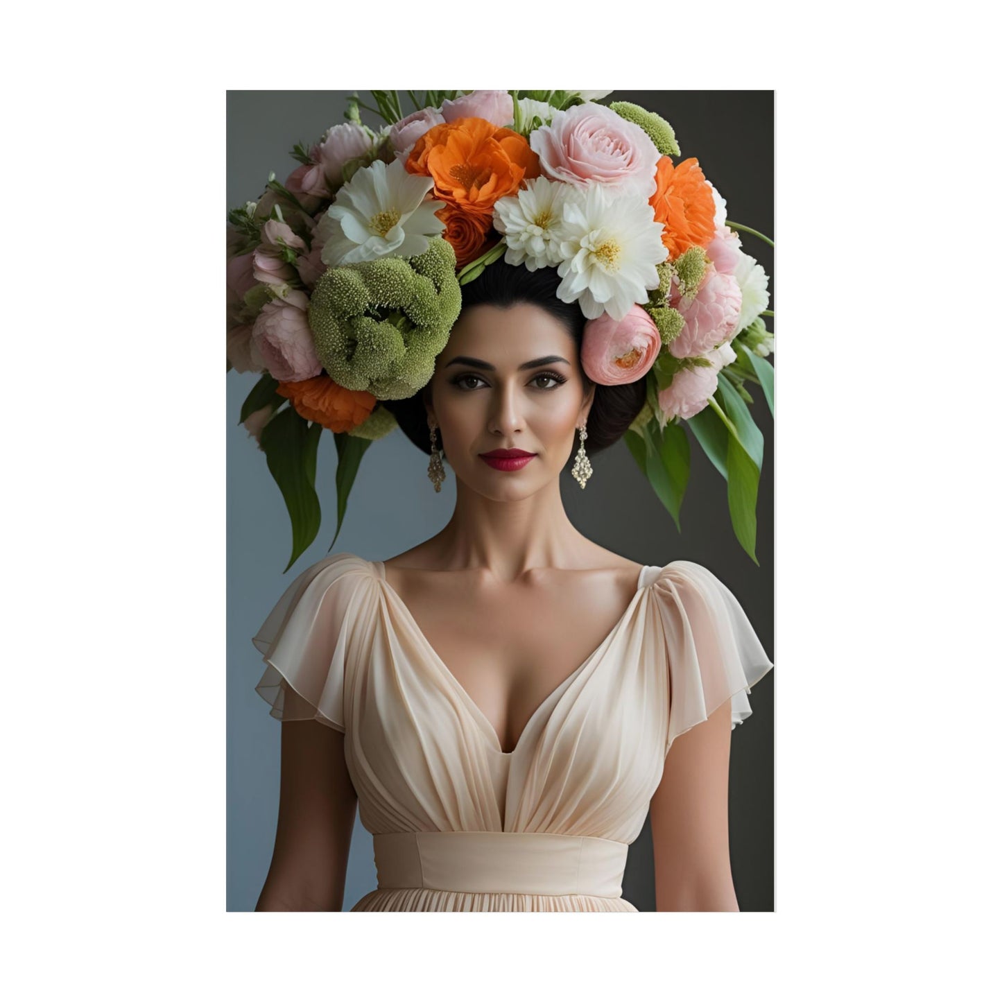 Woman wearing a floral headpiece with a plain background