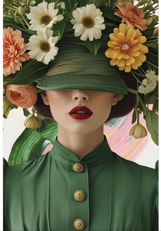 Person wearing a green hat with flowers and a green outfit on a white background