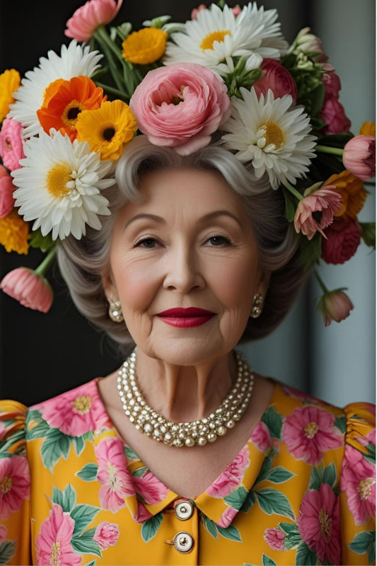 Woman with flowers in her hair wearing a colorful floral outfit