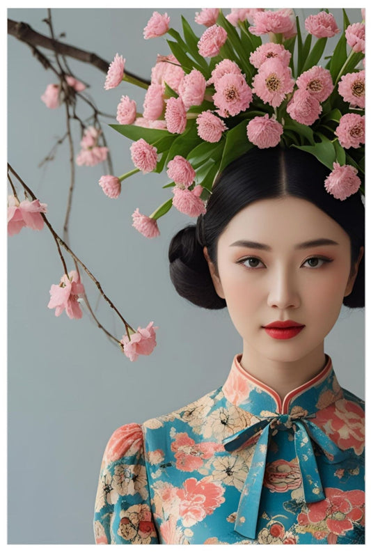 Woman in traditional attire with floral headpiece against a gray background