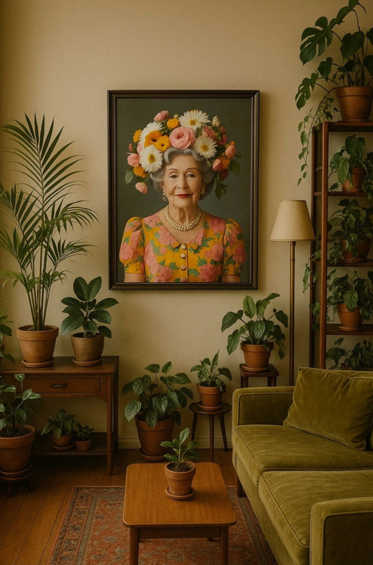 Living room with a portrait of a woman with flowers in her hair, surrounded by plants.