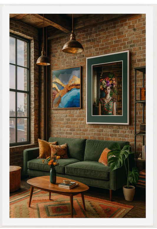 Living room with green sofa, brick wall, and framed artwork