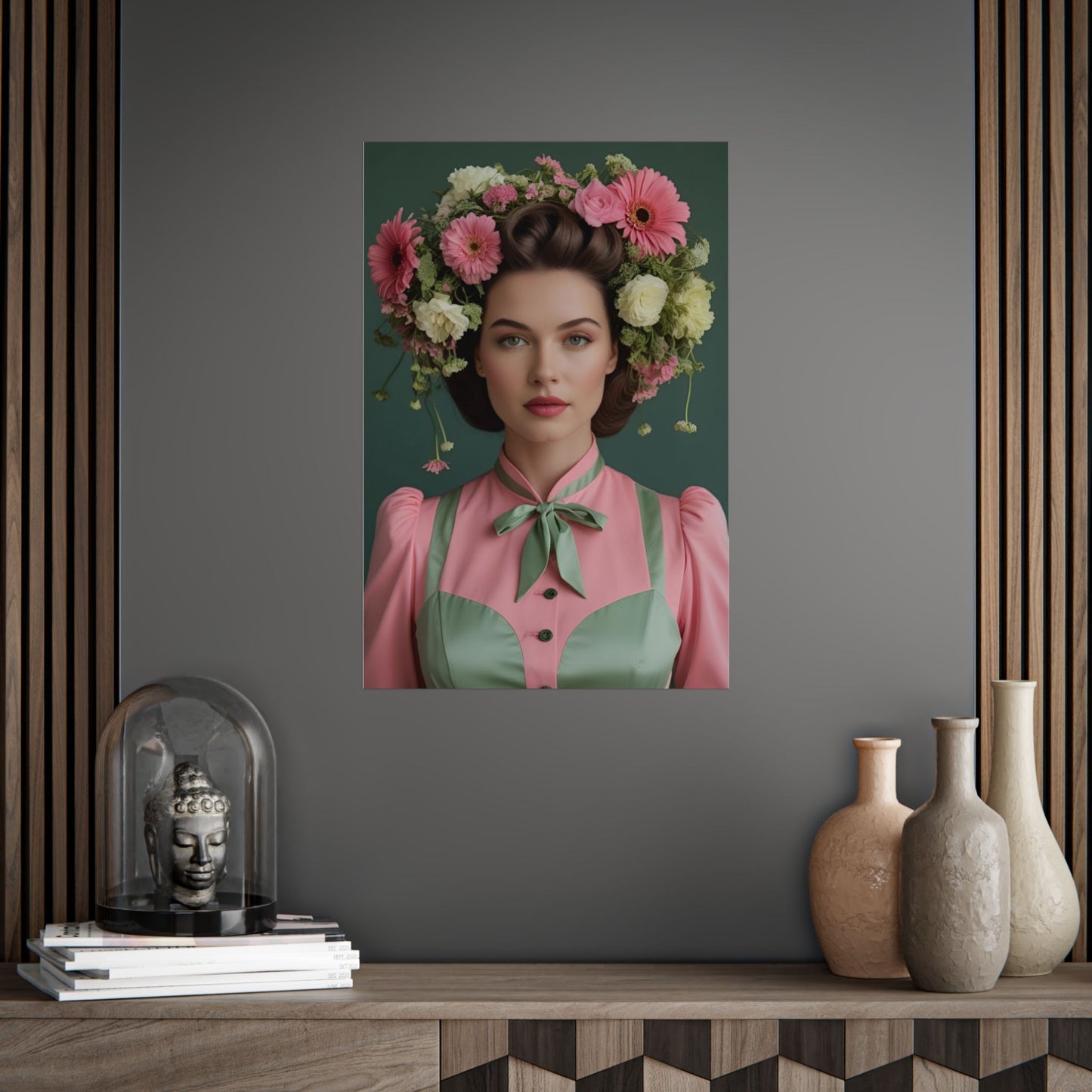 Framed portrait of a woman with floral headpiece on a wall above a wooden shelf with decorative items.