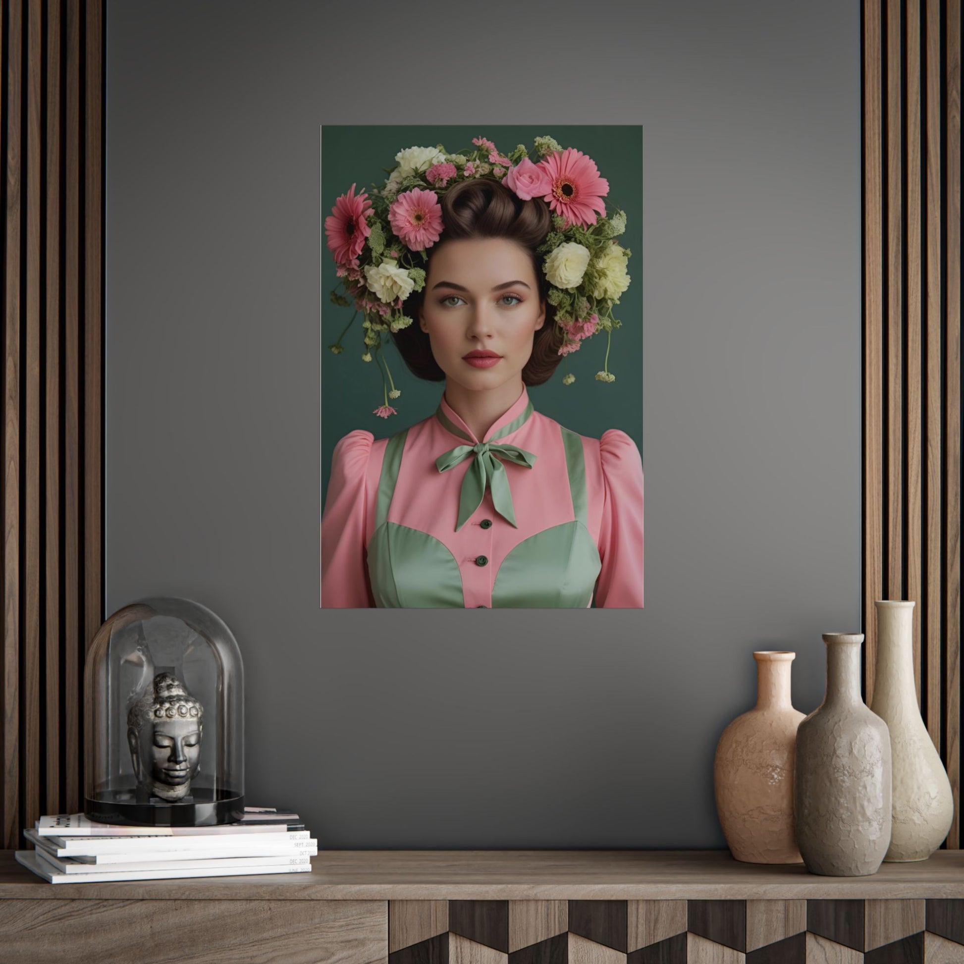 Framed portrait of a woman with floral headpiece on a wall above a wooden shelf with decorative items.