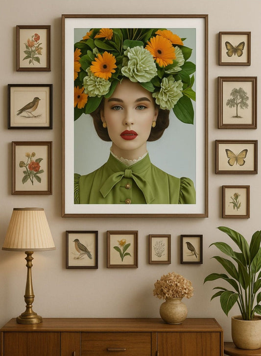 Vintage-style gallery wall featuring Clara, a woman in green with a floral crown, surrounded by framed bird, butterfly, and botanical illustrations.