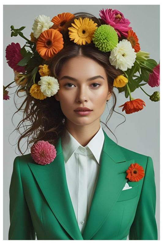 Woman wearing a green blazer with colorful flowers in her hair and on her clothing against a gray background
