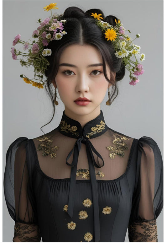 Woman wearing a black dress with floral embroidery and hair decorations against a gray background