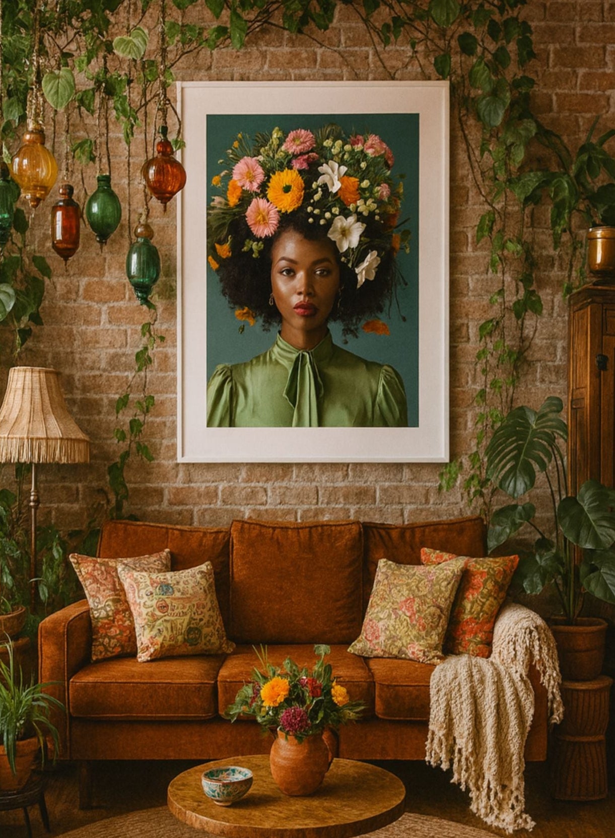 Living room with a brown couch, decorative pillows, and a wall art print of a woman with flowers in her hair.